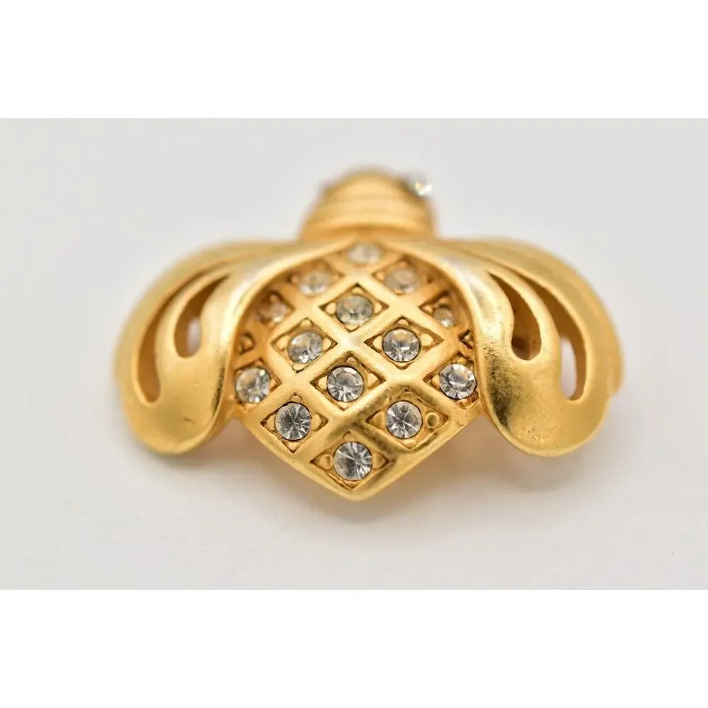 Swarovski Vintage Bee Bug Pin Brooch Brushed Gold Crystal Swan Signed 90s BinBG